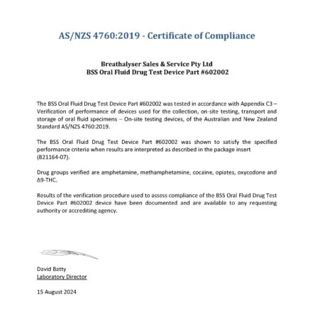 BSS Oral Fluid Drug Test certificate of compliance 1582024